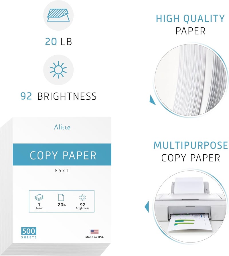Alitte Printer Paper - 8.5 x 11 White Letter Size Copy Paper, 1 Ream 500 Sheets 20 lb Printing Paper for Documents Writing, Drawing, Smooth, 92 Bright | Home, School, Office Supplies | Made in USA - Image 2